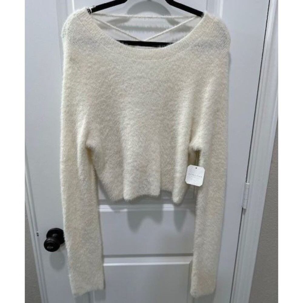 NWT Altar'd State Ivory Fuzzy Soft Eyelash Sweater XL Crop Lace Up Back Sparkle